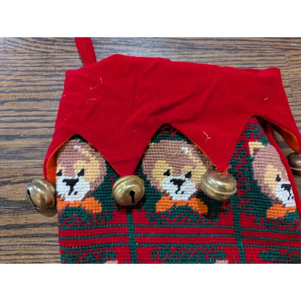 Vintage Needlepoint Christmas Stocking Country Bear Bells Red Velvet Candamar